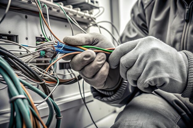 Photo technician repairing faulty wiring with exposed connections