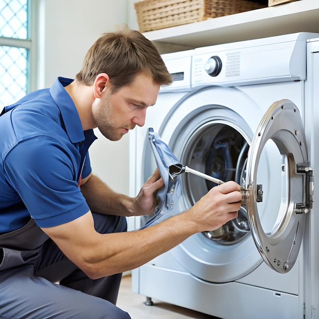 Photo a technician repairing a frontloading washing machines door latch