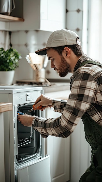 Photo a technician repairing home appliance in kitchen focused on fixing dishwasher atmosphere is practical and industrious showcasing importance of maintenance