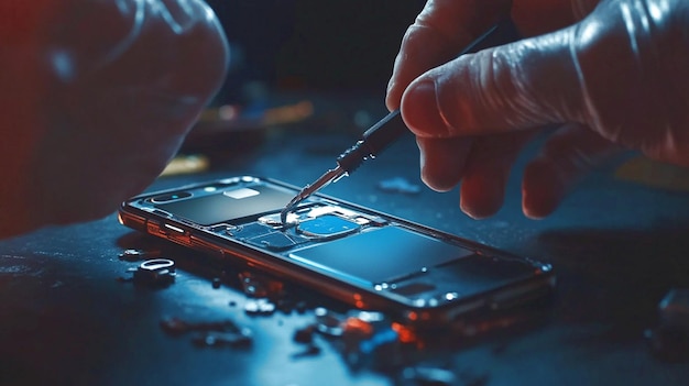 Photo technician repairing smartphone and servicing