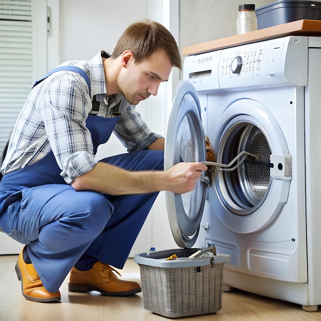 A technician repairing a washing machine in a laundry room