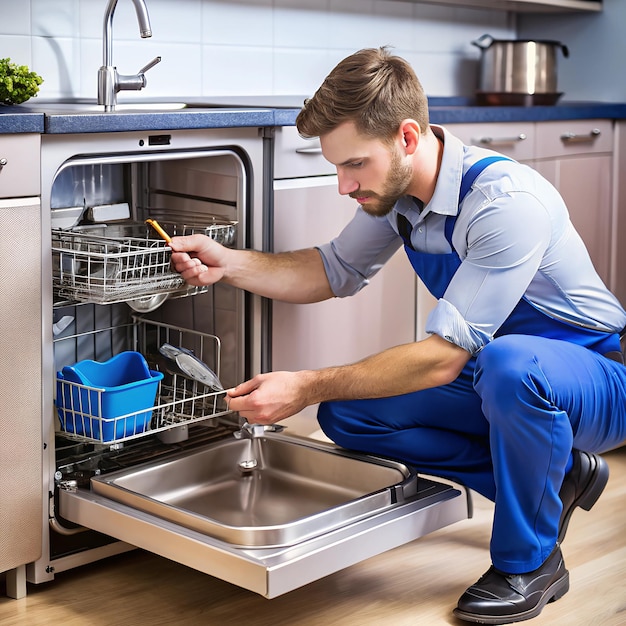 Photo a technician replacing a dishwashers water inlet valve