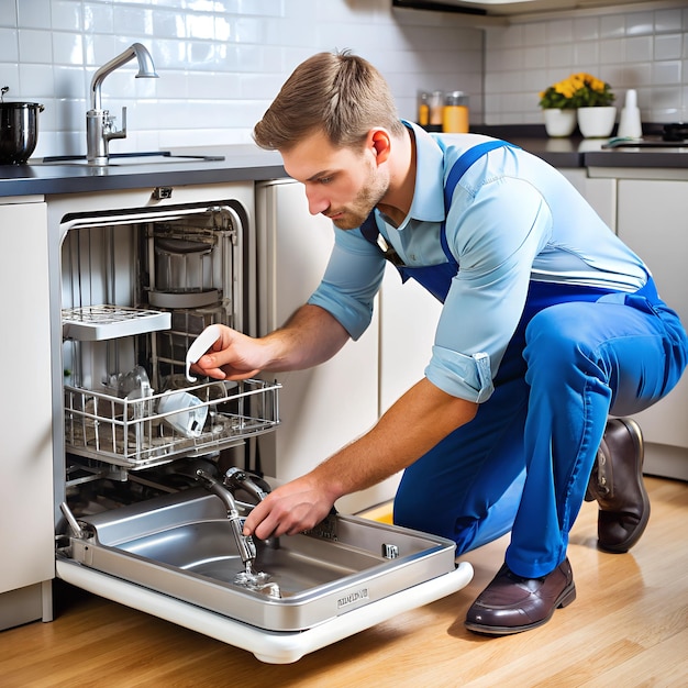 Photo a technician replacing a dishwashers water inlet valve