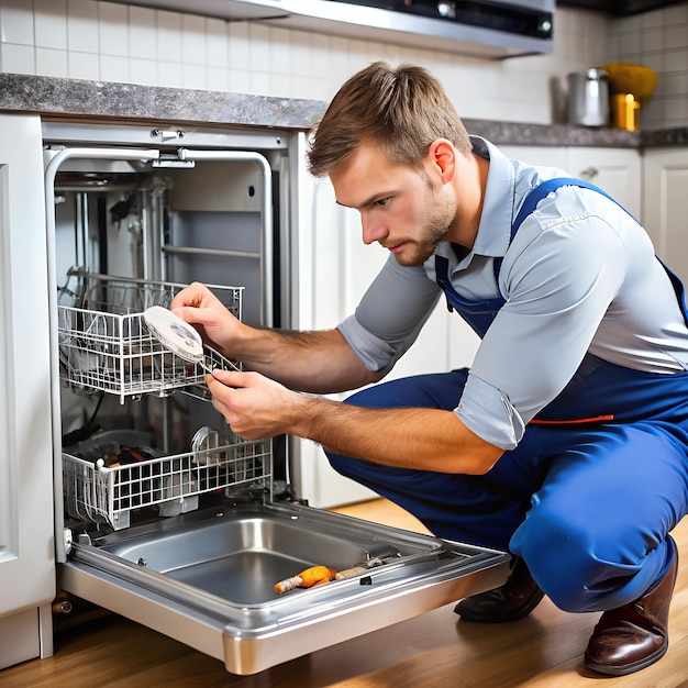 Photo a technician replacing a dishwashers water inlet valve