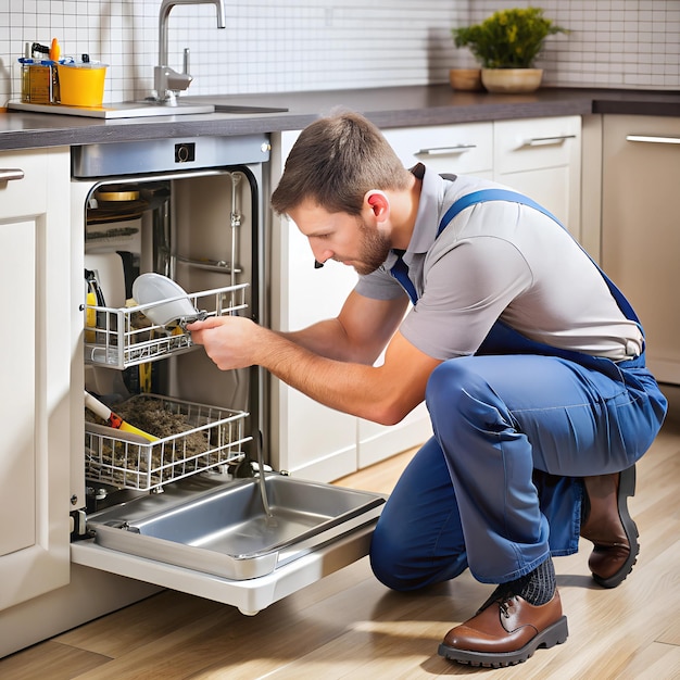 Photo a technician replacing a dishwashers water inlet valve