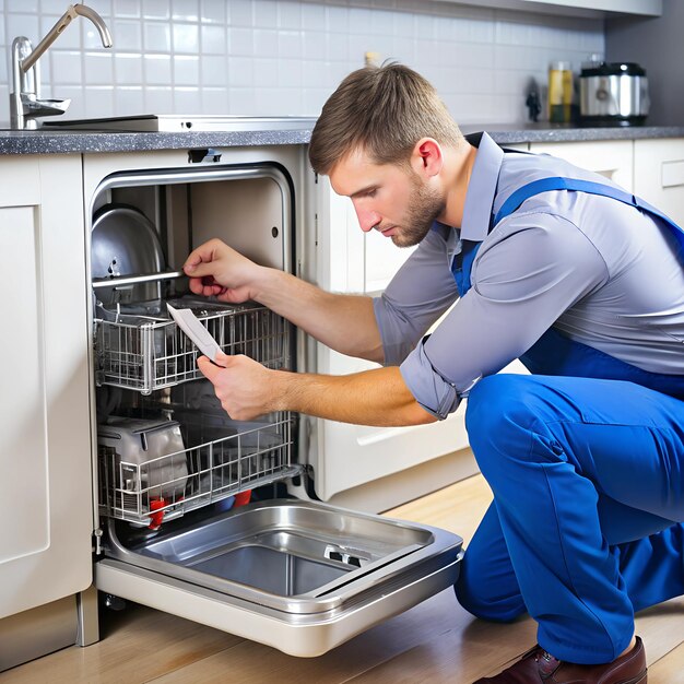 Photo a technician replacing a dishwashers water inlet valve