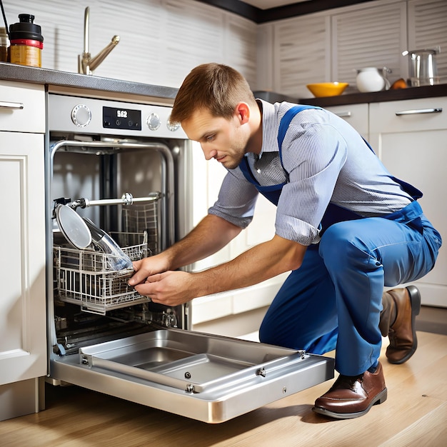 Photo a technician replacing a dishwashers water inlet valve