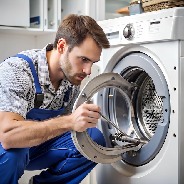 A technician replacing a washing machines drum bearing