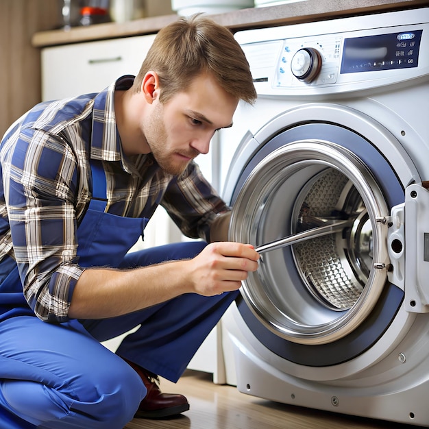 A technician replacing a washing machines drum bearing