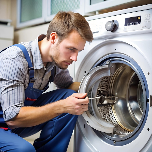 Photo a technician replacing a washing machines drum bearing