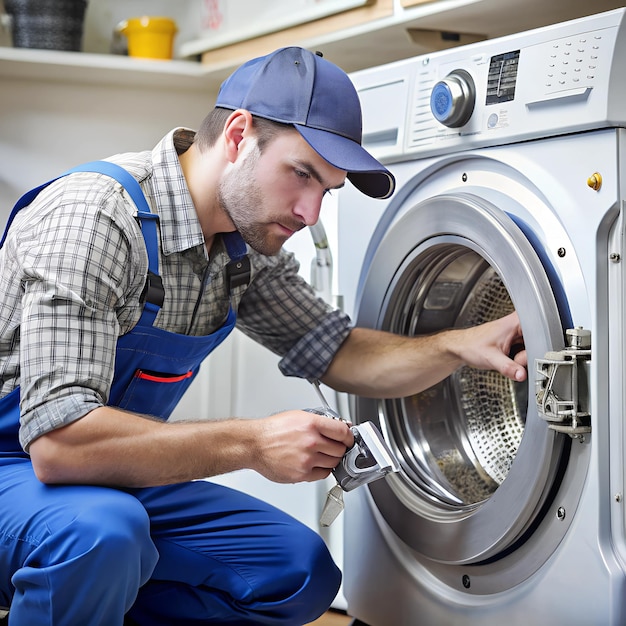 A technician replacing a washing machines drum bearing