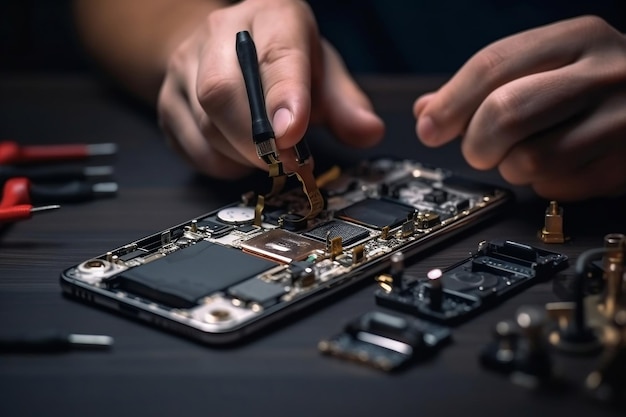 Technician's Hand Repairing Cell Phone Parts with Tools for Recovery and Smartphone Repair AI