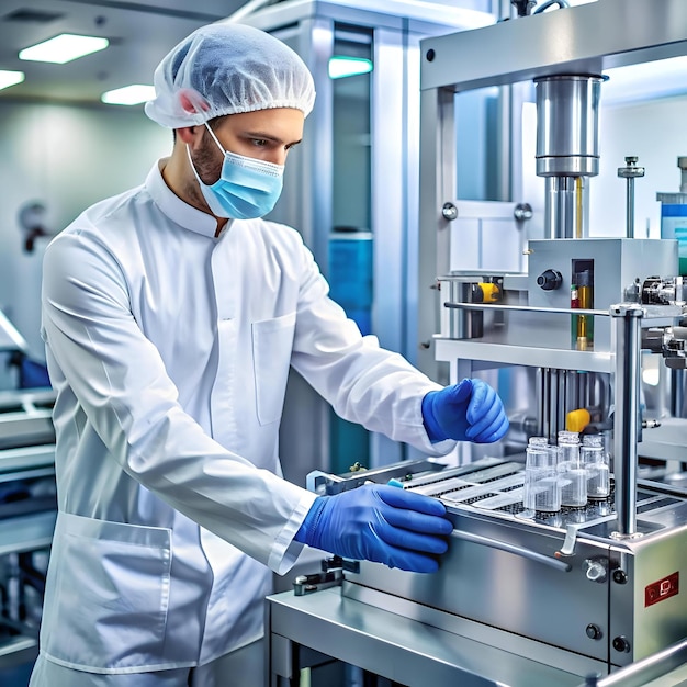 A technician in a sterile lab setting operates a high tech machine ensuring precise production of pharmaceutical products