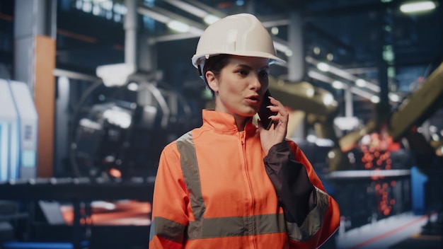 Technician talking smartphone industrial facility close up woman engineer phone