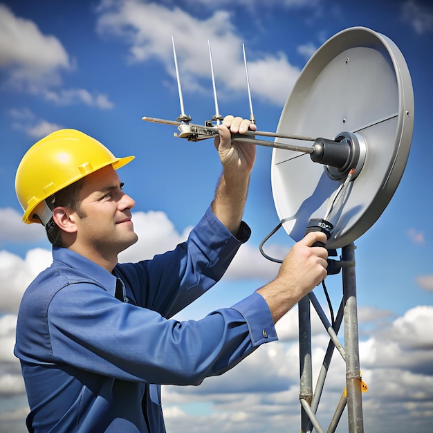 Photo technician tightening screws on a antenna