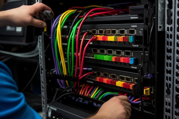 Technician troubleshooting network connectivity issues with a cable tester