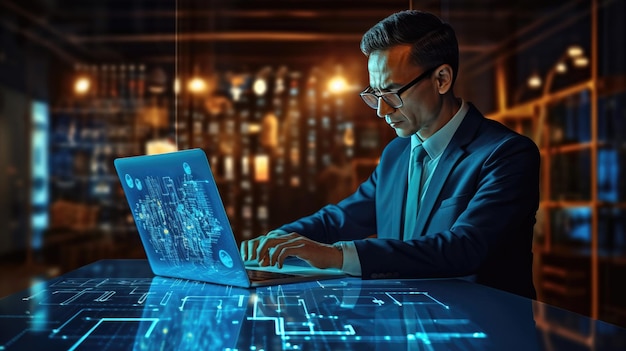 Technician typing on a laptop with a science background