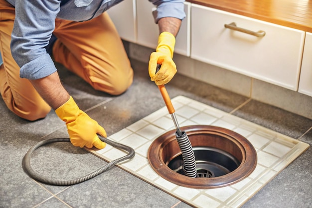 Technician Unclogging Drain with Snake or Plunger