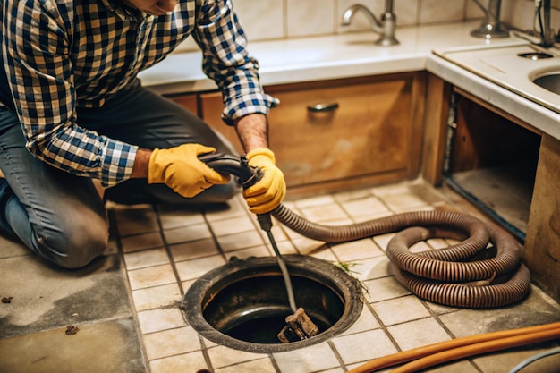 Photo technician unclogging drain with snake or plunger