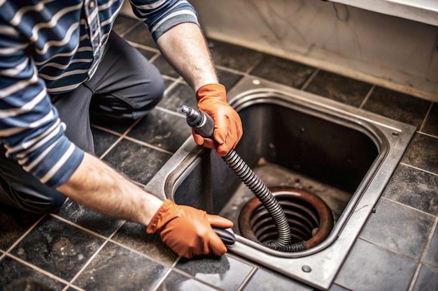 Technician Unclogging Drain with Snake or Plunger