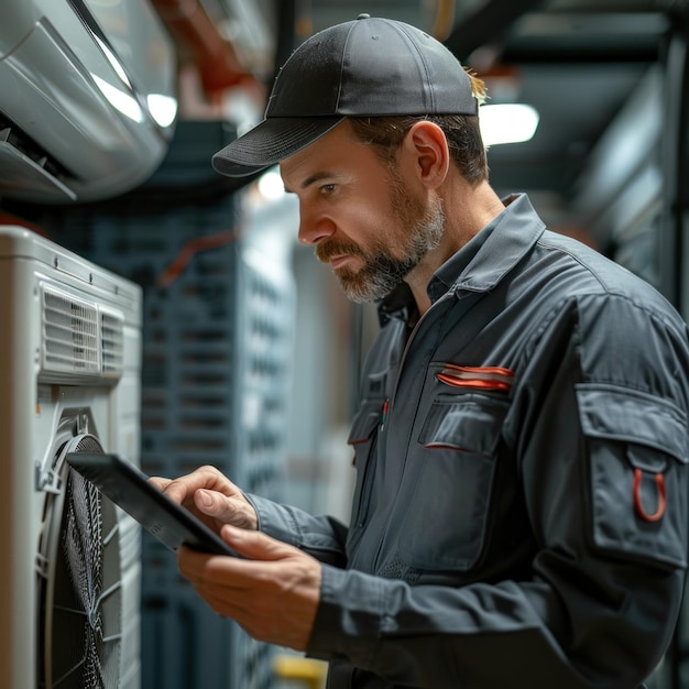 Photo technician in uniform uses tablet to check maintenance and cleaning list of air cleaner filter duct