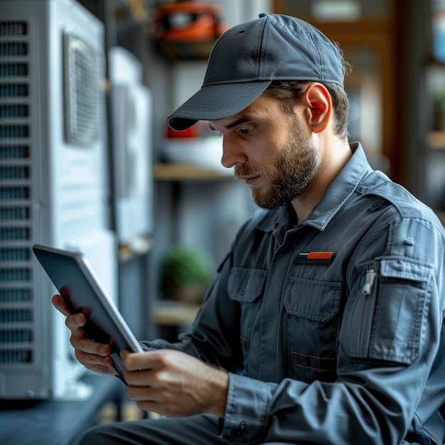 Photo technician in uniform uses tablet to check maintenance and cleaning list of air cleaner filter duct