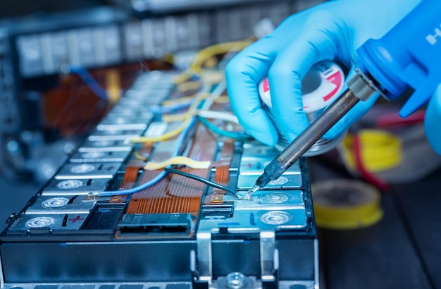 Technician use soldering iron to solder metal and wire of lithiumion rechargeable battery Repair