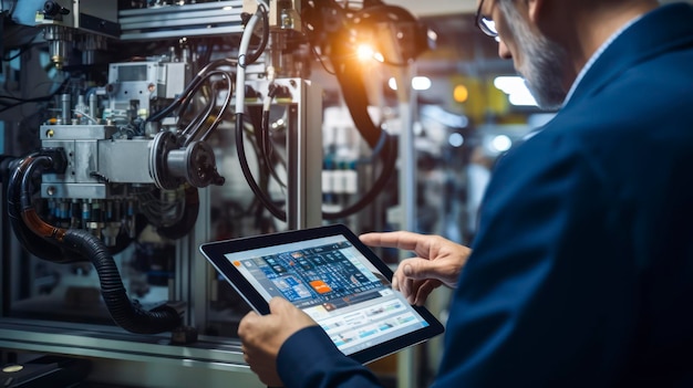 A technician uses a tablet to monitor machinery in an industrial setting