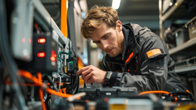 Photo technician using advanced diagnostic tools to service an ev car39s battery system