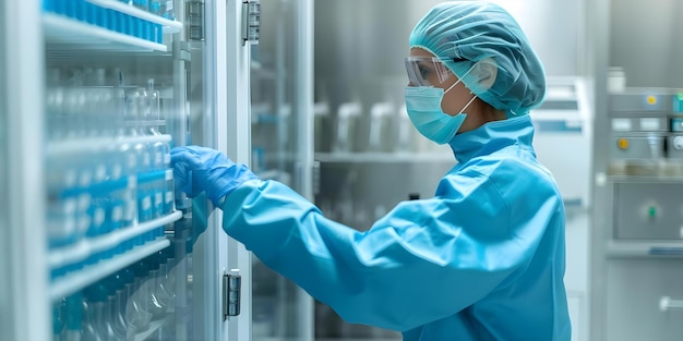 Photo technician using advanced equipment in sterile lab setting for experiments concept advanced equipment sterile lab technician experiments lab setting