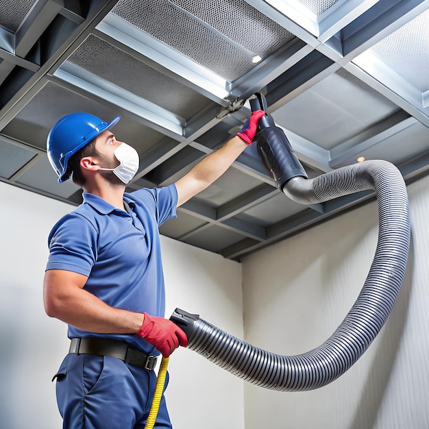 A technician using a highpowered vacuum to clean air ducts