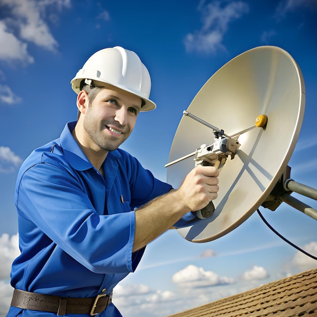 Photo technician using a wrench to adjust the alignment of a satellite dish