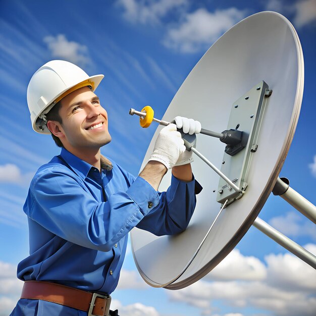 Photo technician using a wrench to adjust the alignment of a satellite dish