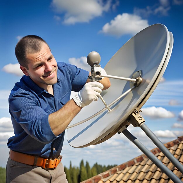 Photo technician using a wrench to adjust the alignment of a satellite dish