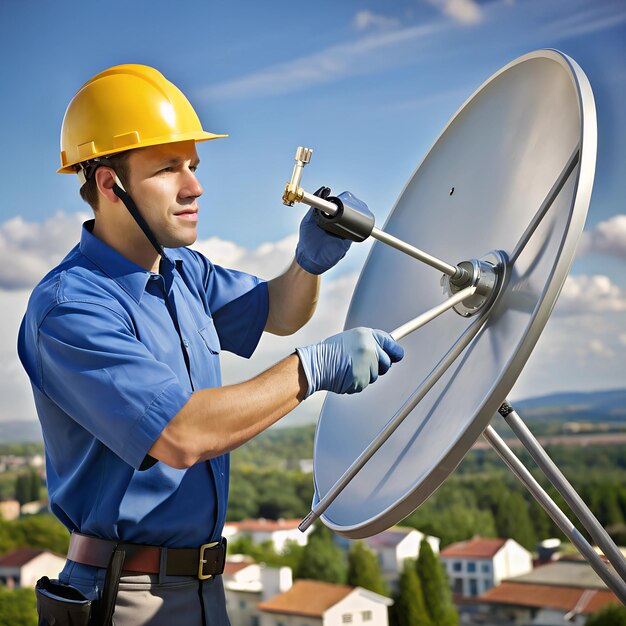 Technician using a wrench to adjust the alignment of a satellite dish