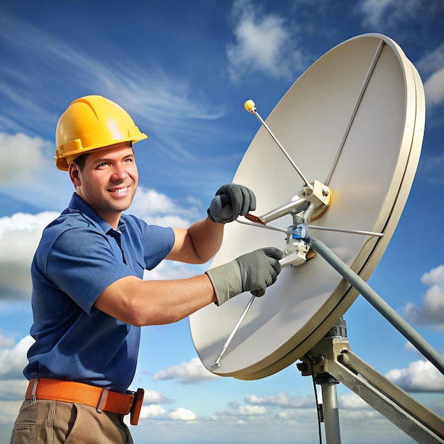 Photo technician using a wrench to adjust the alignment of a satellite dish