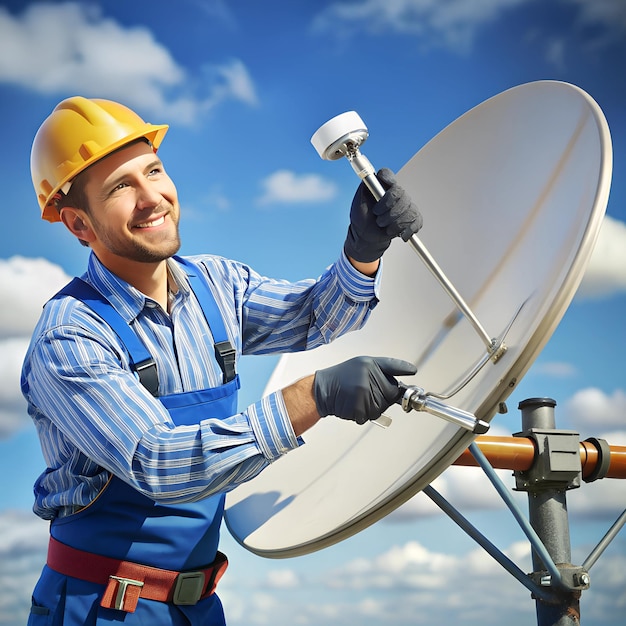 Photo technician using a wrench to adjust the alignment of a satellite dish