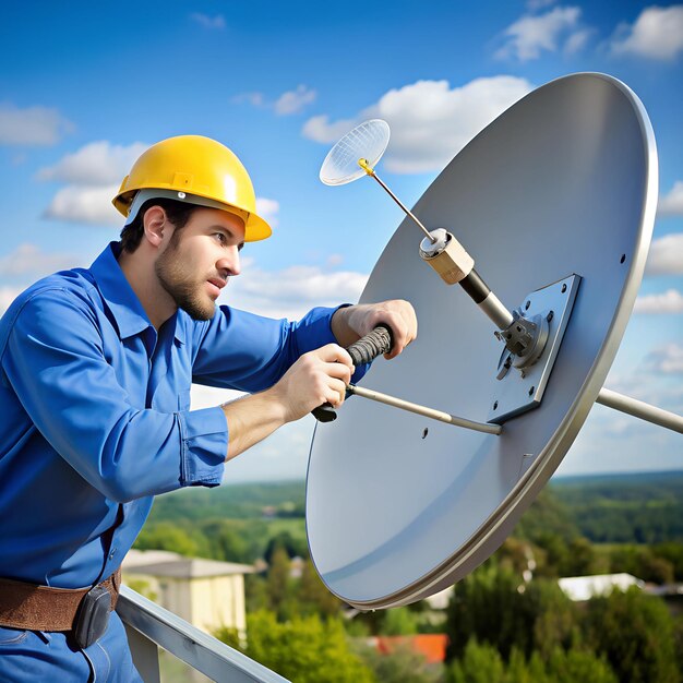 Photo technician using a wrench to adjust the alignment of a satellite dish