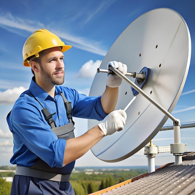 Photo technician using a wrench to adjust the alignment of a satellite dish