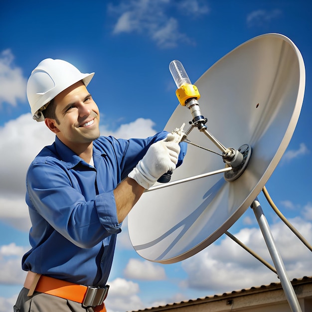 Technician using a wrench to adjust the alignment of a satellite dish