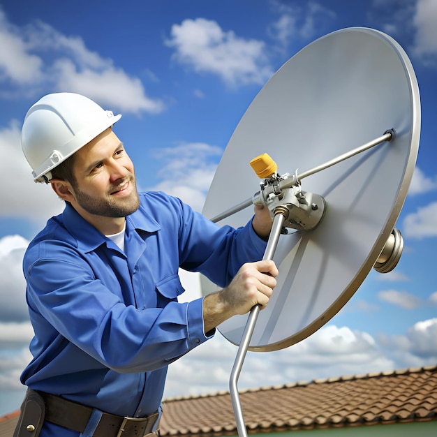 Technician using a wrench to adjust the alignment of a satellite dish