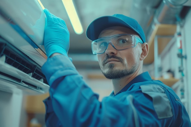 A technician wearing blue gloves and safety glasses is cleaning an air conditioner unit inside a modern building