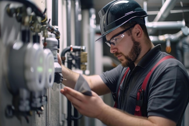 Photo technician wearing hardhat and safety glasses examining pressure gauge reading