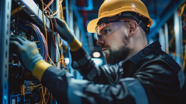 A technician wearing safety gear carefully works on server racks connecting and configuring cables in a bustling data center