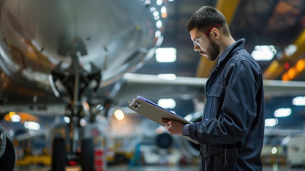 Photo technician with clipboard inspecting aircraft in hangar