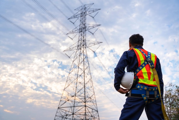 A Technician or Worker holding a safety helmet wear fall arrestor device for worker with hooks for safety body harness Working at height equipment at high voltage electricity poles