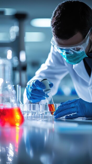 Photo a technician working on laboratory experiment carefully measuring liquids with pipette vibrant colors of solutions create dynamic atmosphere in lab