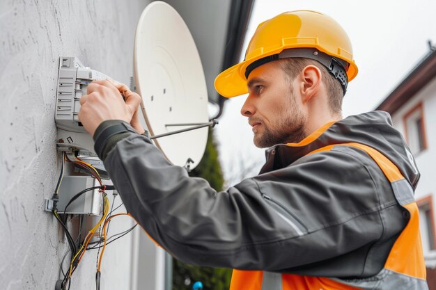 Photo technician working on satellite dish installation