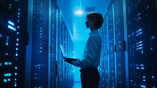 Technician Working in a Server Room with a Laptop