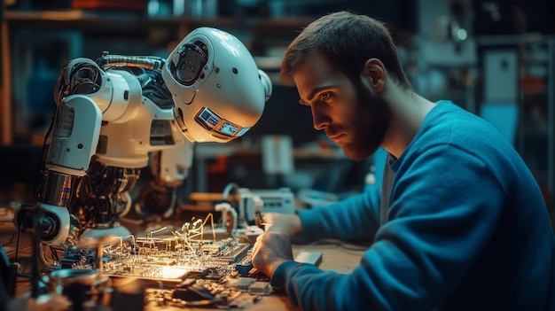 Photo technician working with humanoid robot electronics